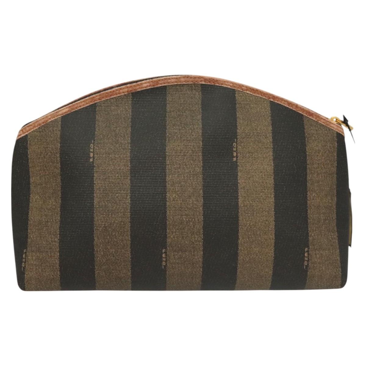 FENDI Pecan Canvas Pouch Black Brown gold Auth hk2781