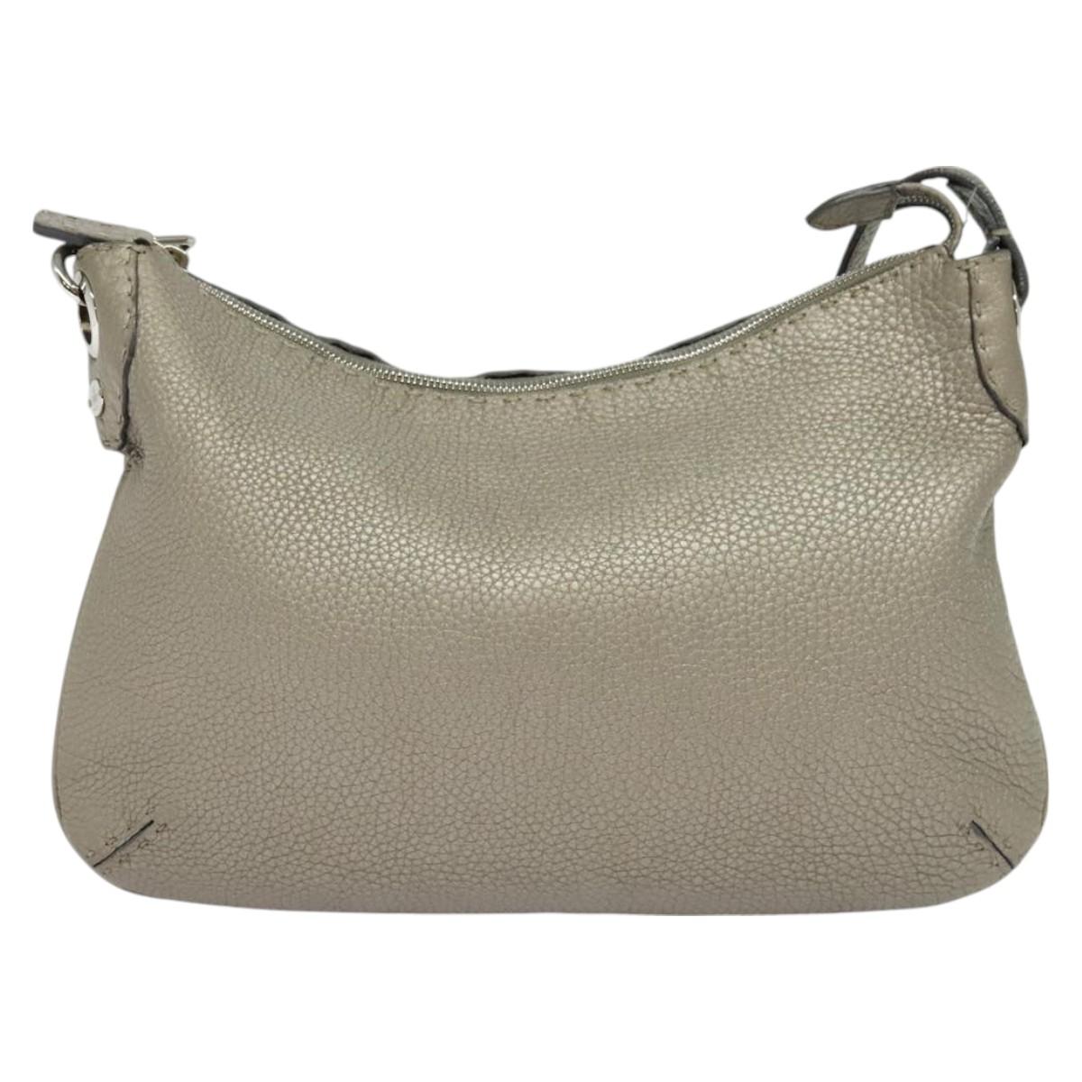 FENDI Celeria Shoulder Bag Leather Gray Silver Auth hk2788