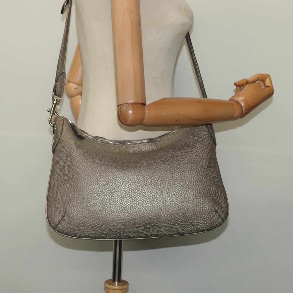 FENDI Celeria Shoulder Bag Leather Gray Silver Auth hk2788
