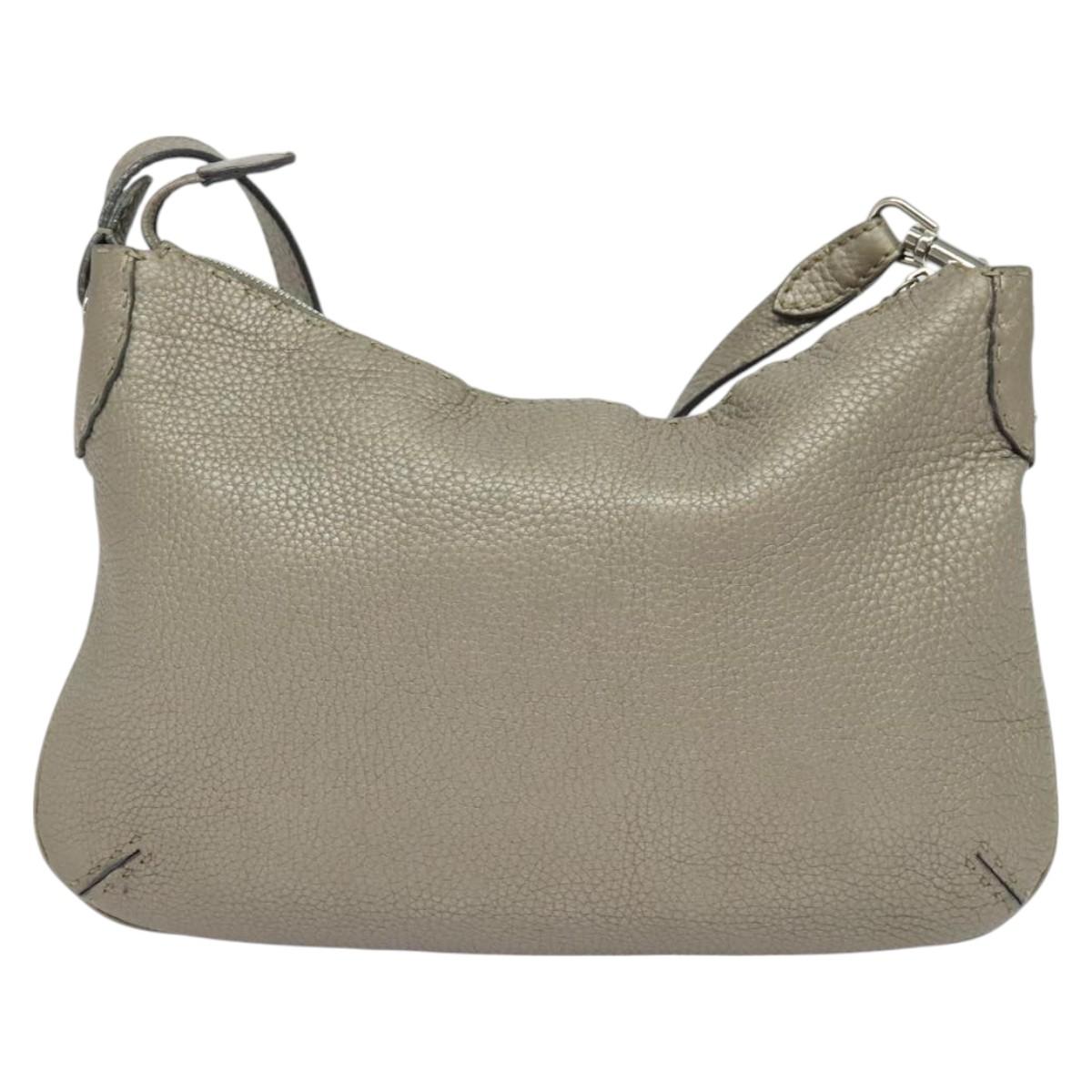 FENDI Celeria Shoulder Bag Leather Gray Silver Auth hk2788