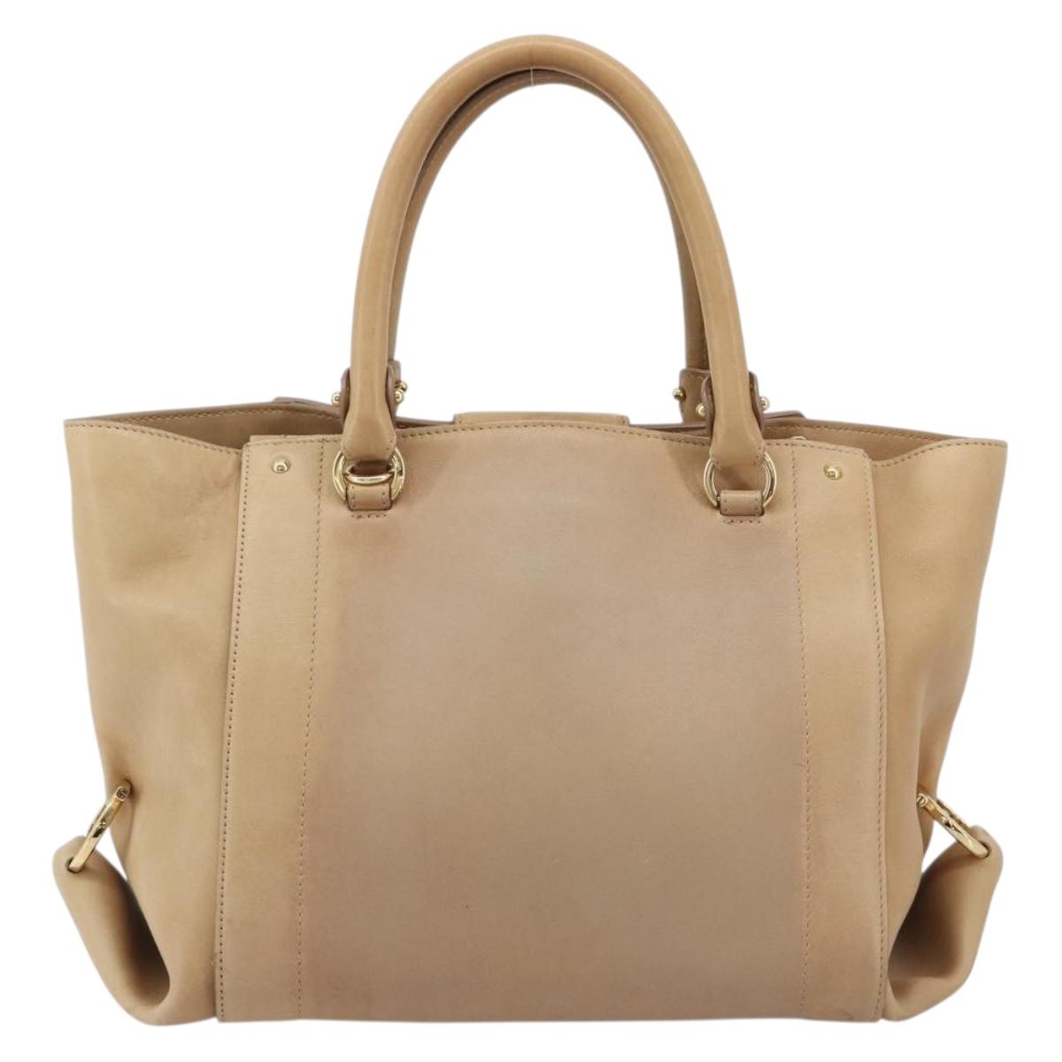 Salvatore Ferragamo Gancini Hand Bag Leather Beige Gold Auth hk2805