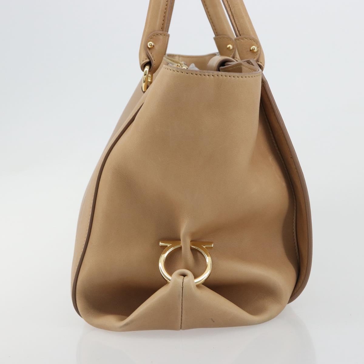 Salvatore Ferragamo Gancini Hand Bag Leather Beige Gold Auth hk2805