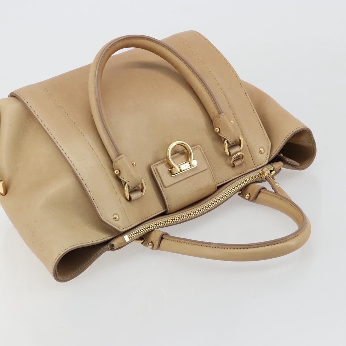 Salvatore Ferragamo Gancini Hand Bag Leather Beige Gold Auth hk2805