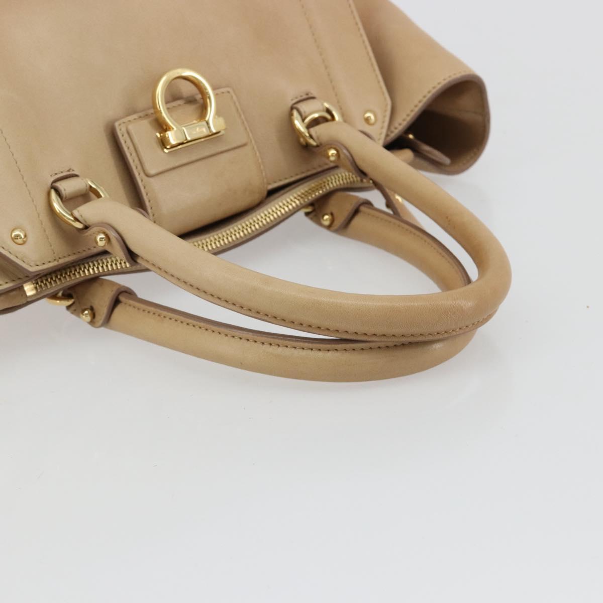 Salvatore Ferragamo Gancini Hand Bag Leather Beige Gold Auth hk2805