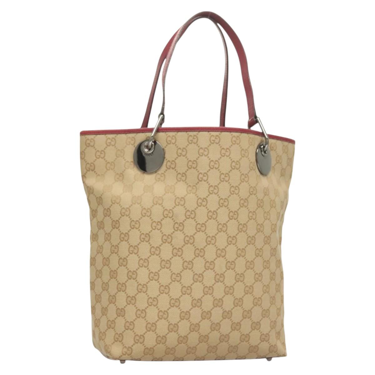 GUCCI GG Canvas Tote Bag Beige Silver 120836 Auth hk2844