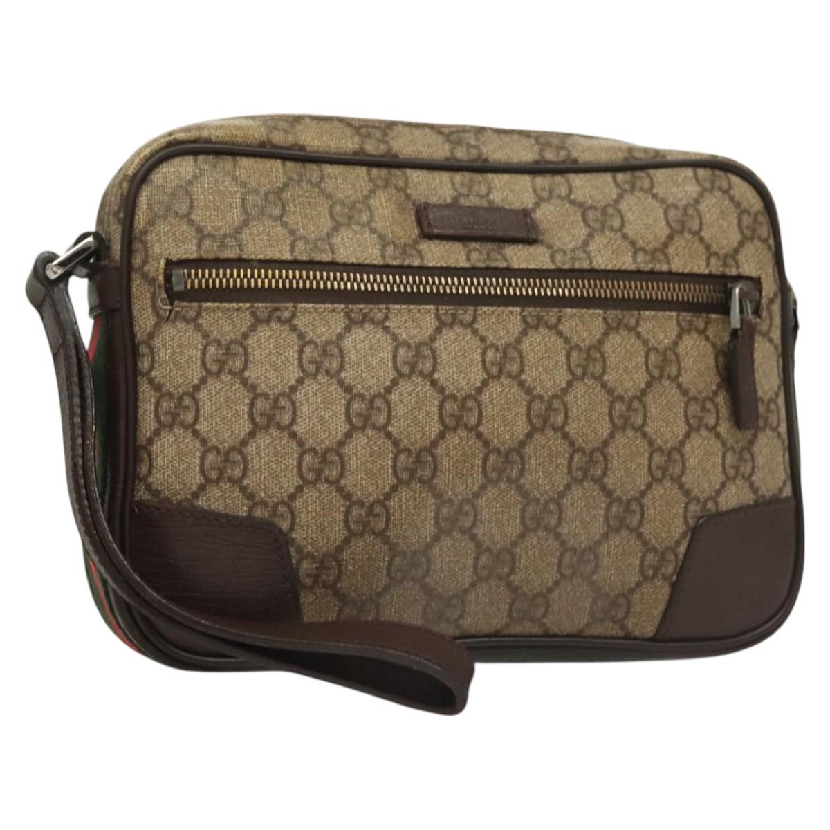 GUCCI GG Supreme Web Sherry Line Clutch Bag PVC Beige Silver 152599 Auth hk2854