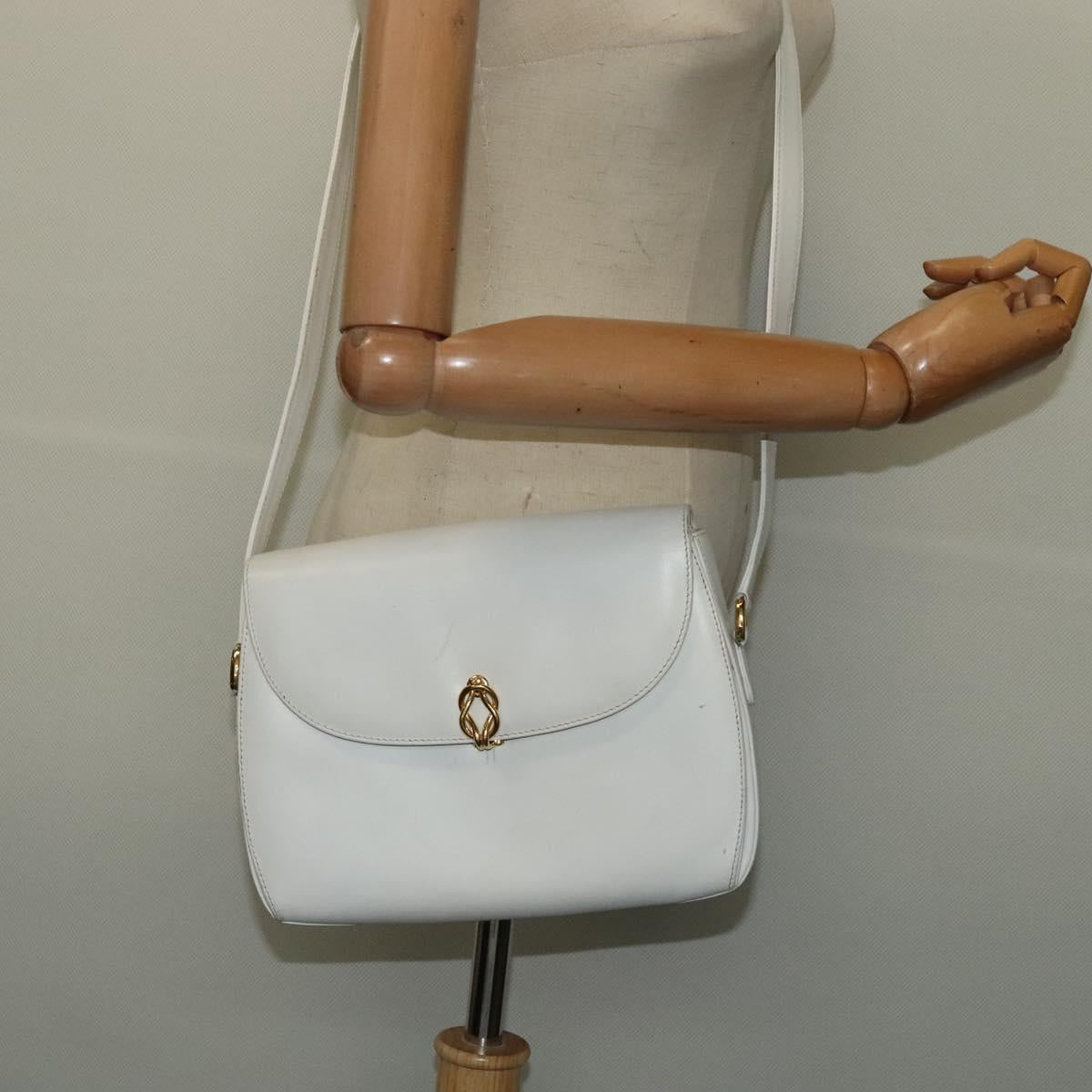 GUCCI Shoulder Bag Leather White Gold Auth hk2861