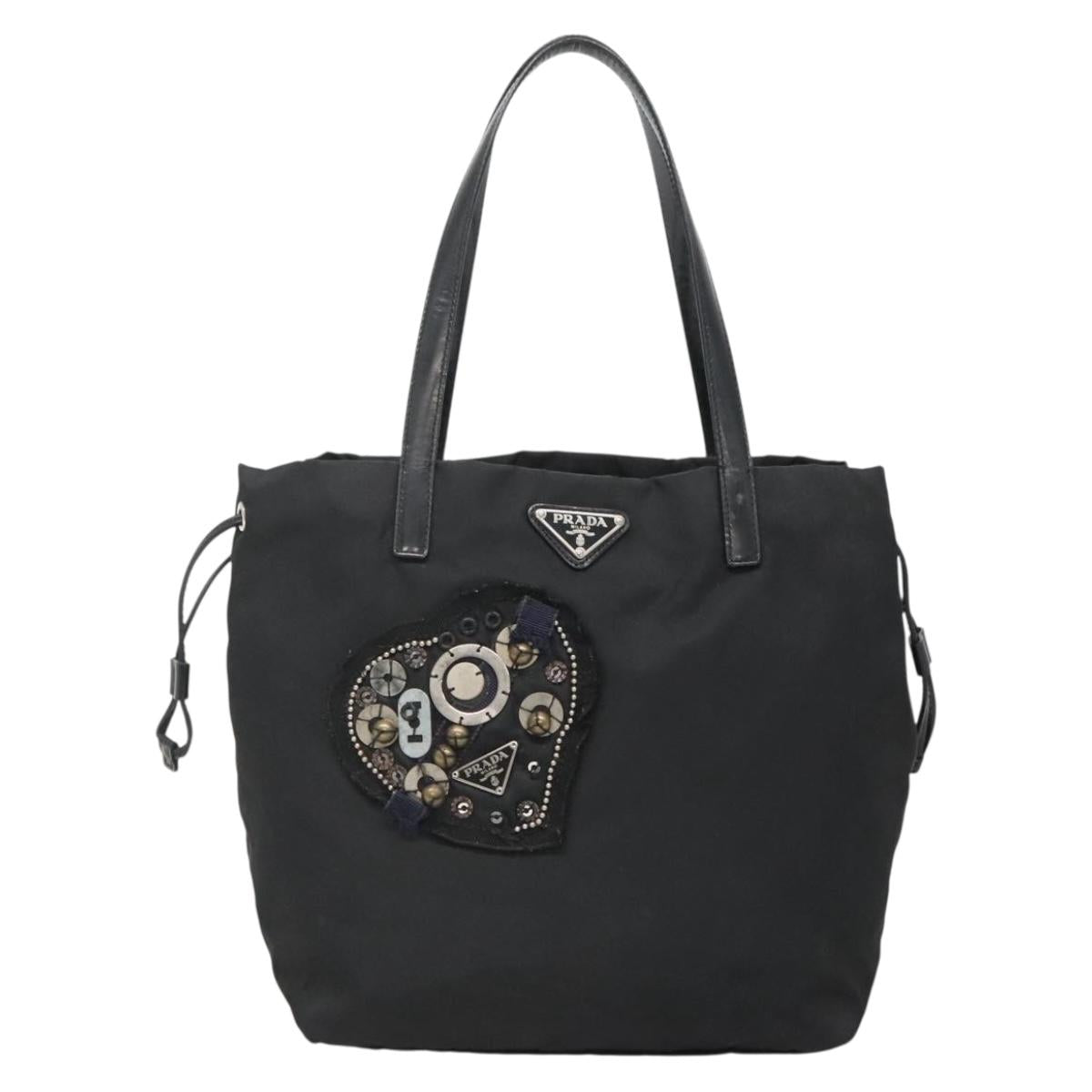PRADA Tote Bag Nylon Black Silver Auth hk2905