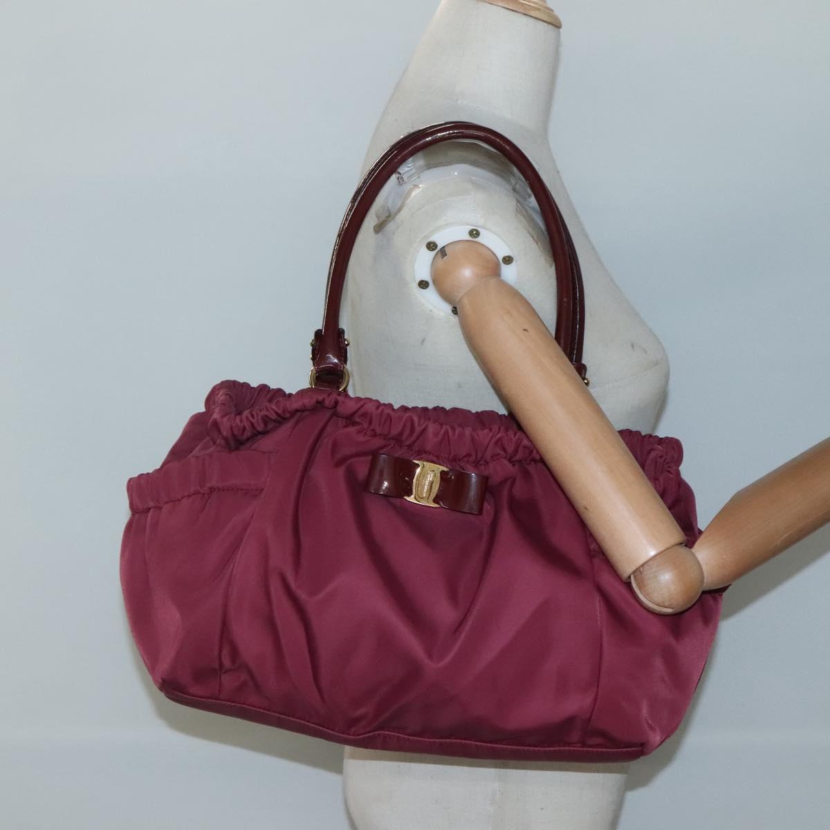 Salvatore Ferragamo Vala Tote Bag Nylon Bordeaux Gold Auth hk2907