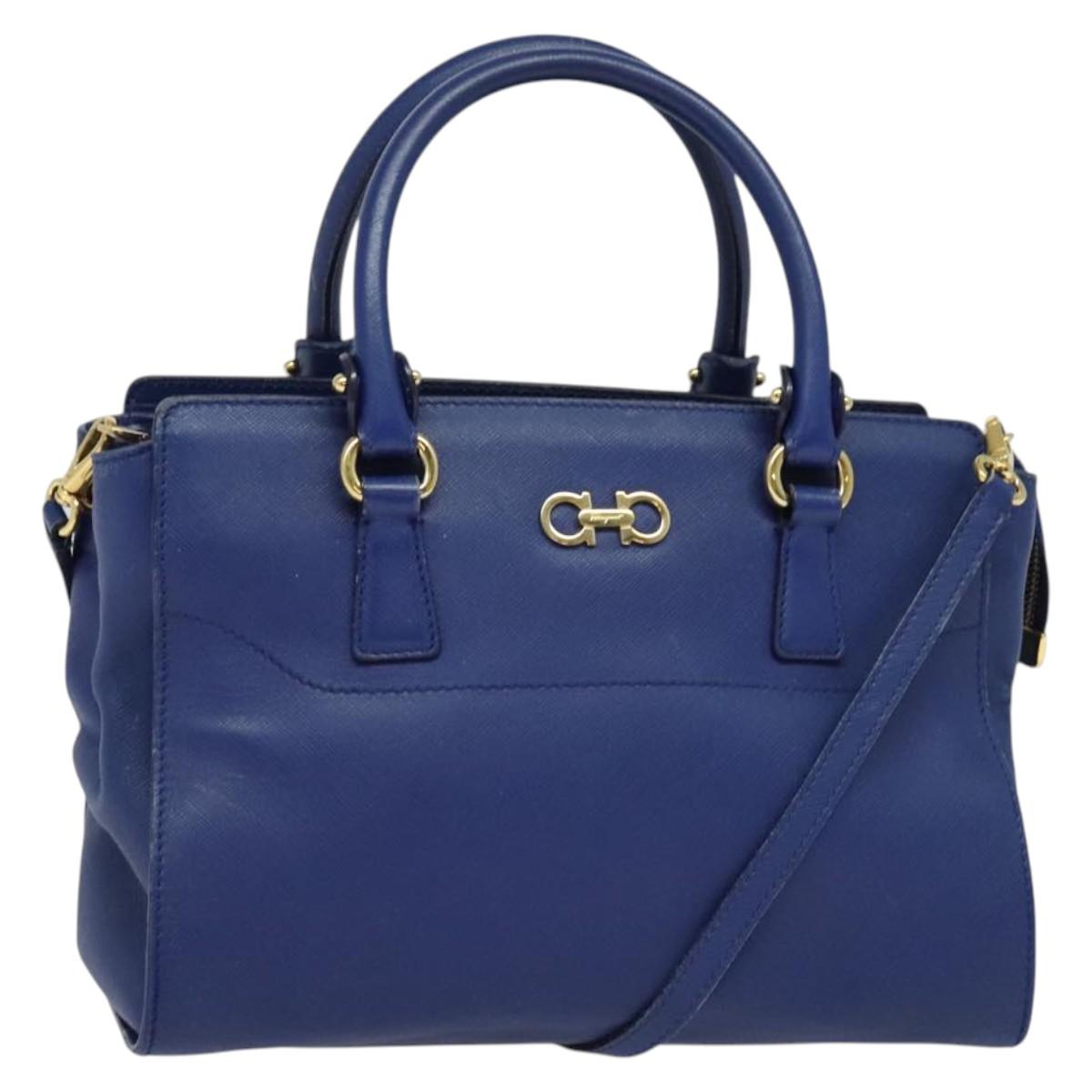 Salvatore Ferragamo Gancini Hand Bag Leather 2way Blue Gold Auth hk2910