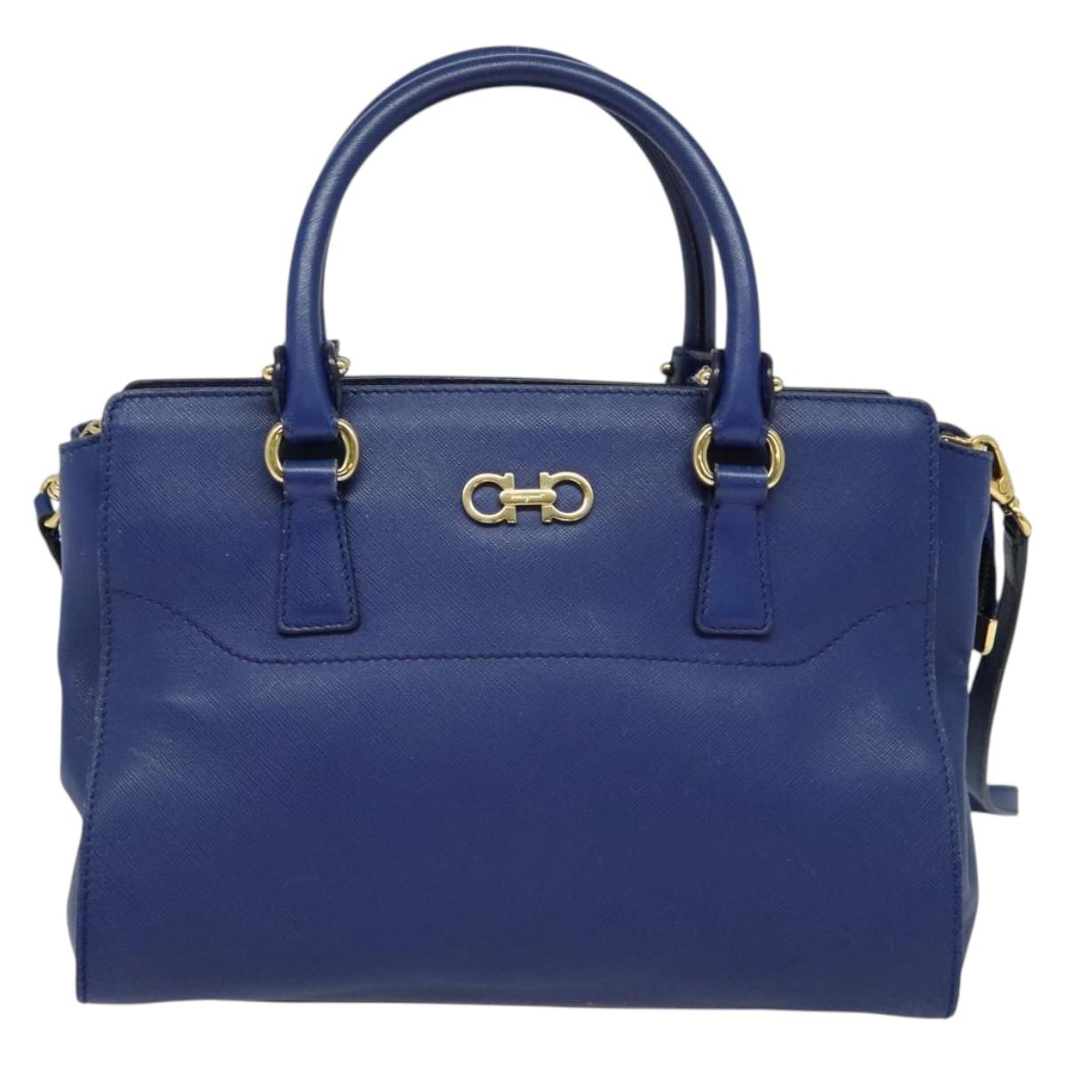Salvatore Ferragamo Gancini Hand Bag Leather 2way Blue Gold Auth hk2910