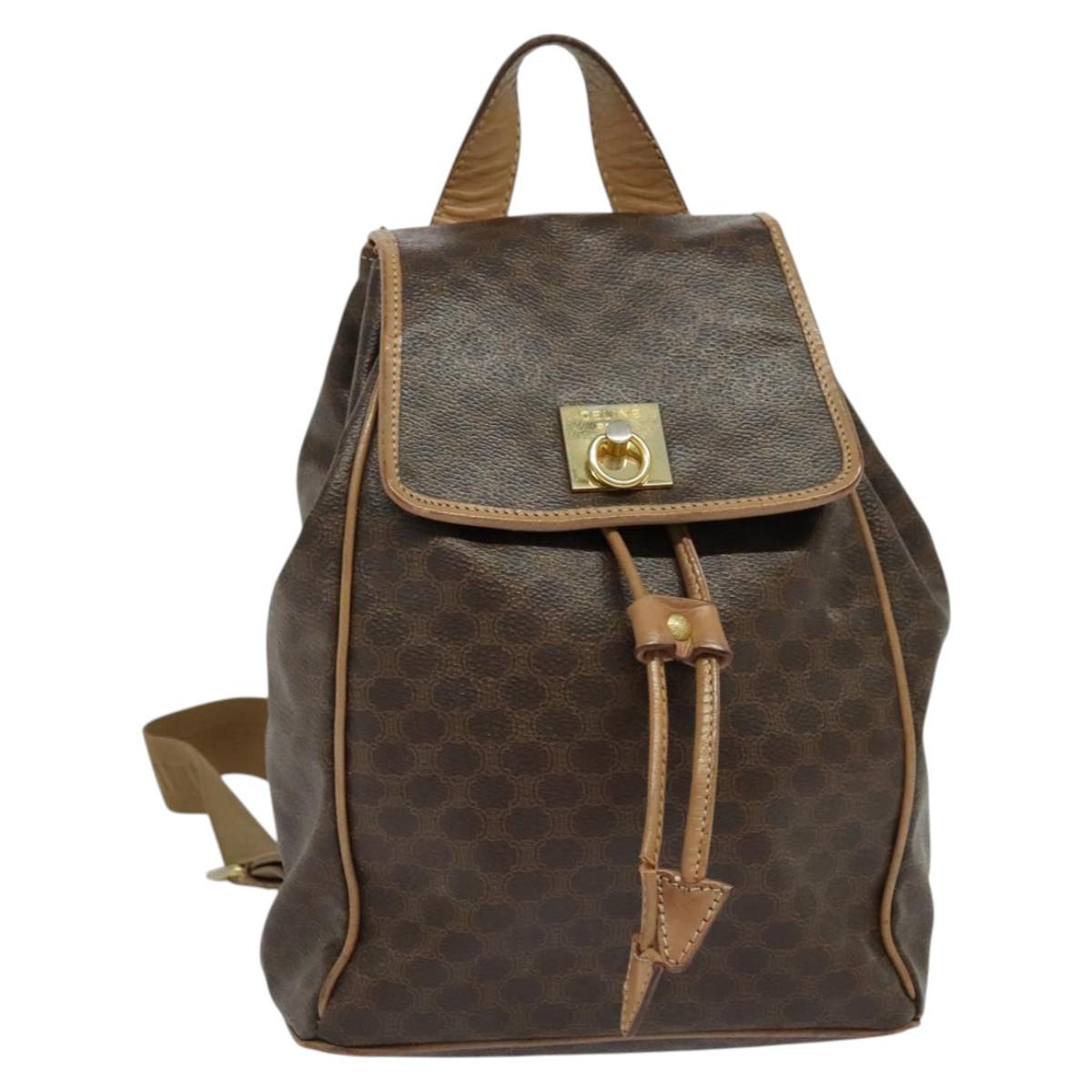 CELINE Macadam Canvas Backpack PVC Leather Brown Gold Auth hk2918