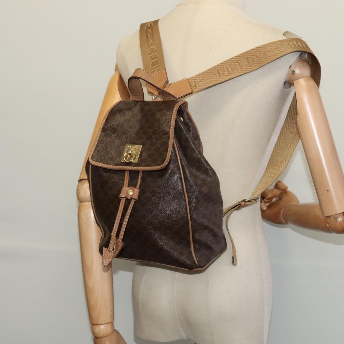 CELINE Macadam Canvas Backpack PVC Leather Brown Gold Auth hk2918