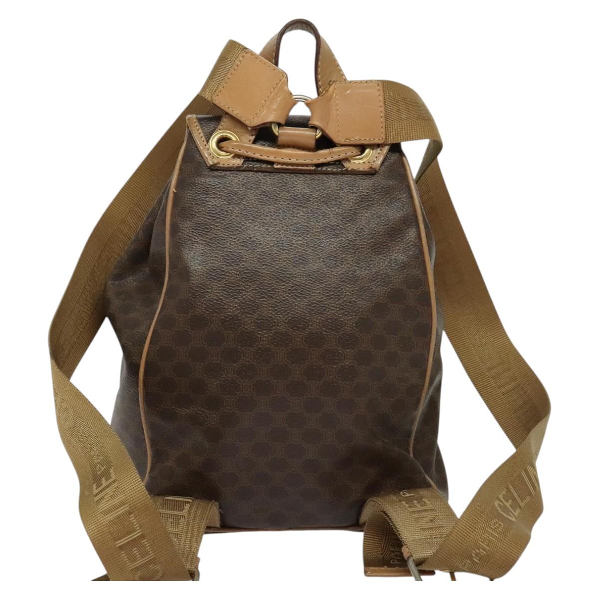 CELINE Macadam Canvas Backpack PVC Leather Brown Gold Auth hk2918