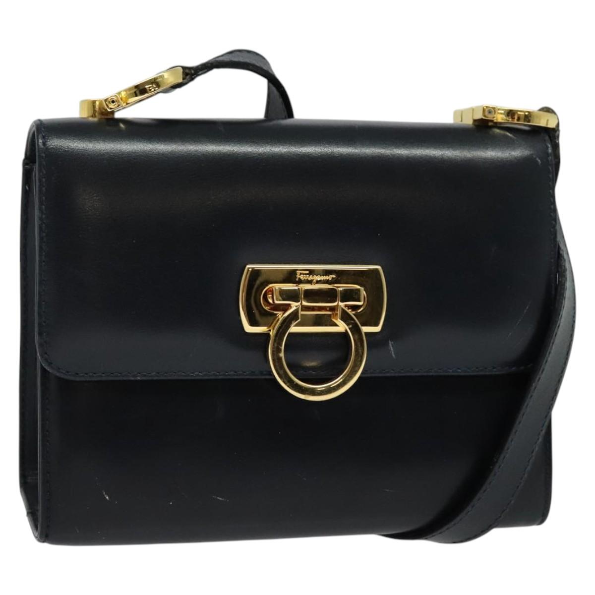 Salvatore Ferragamo Gancini Shoulder Bag Leather Black Gold Auth hk2923