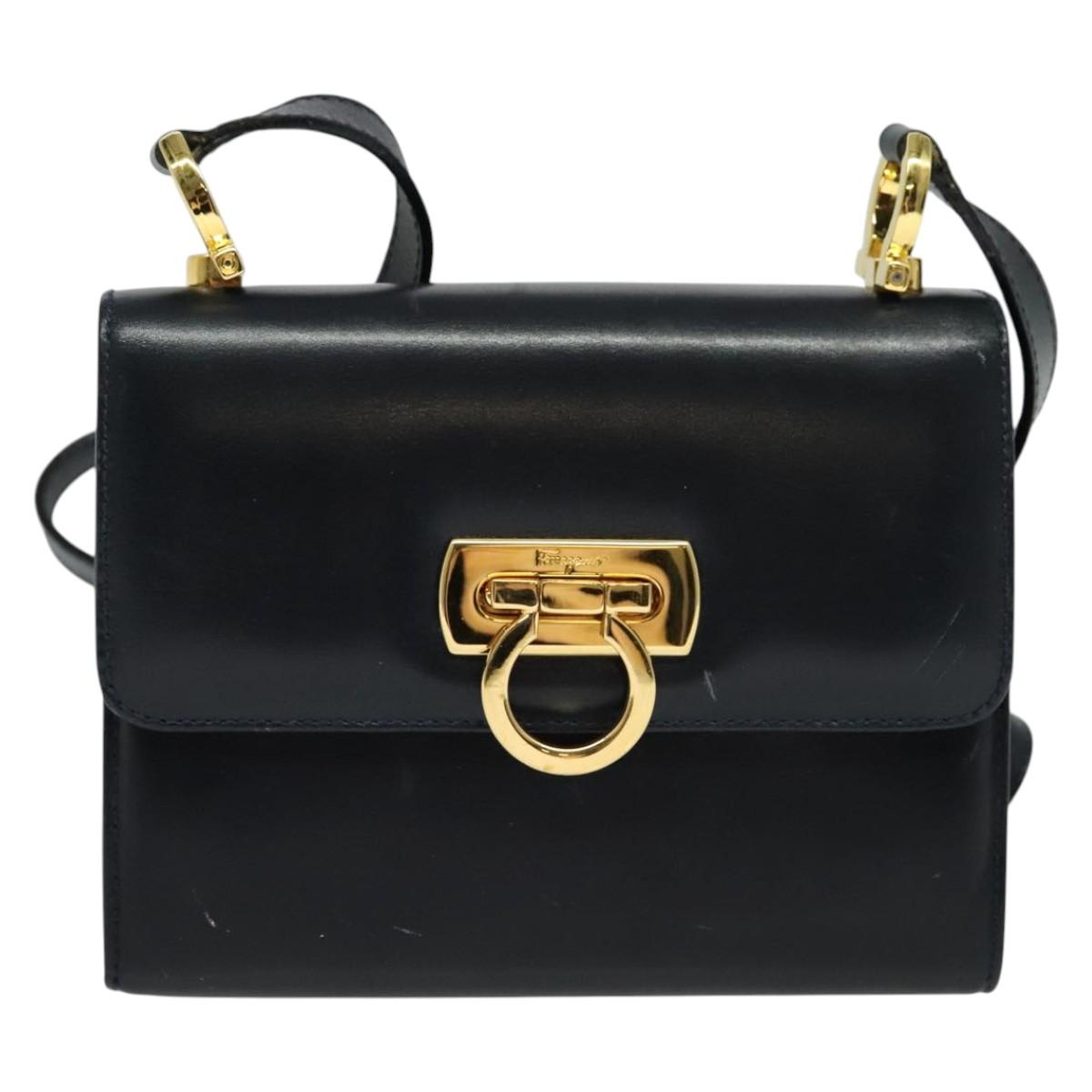 Salvatore Ferragamo Gancini Shoulder Bag Leather Black Gold Auth hk2923