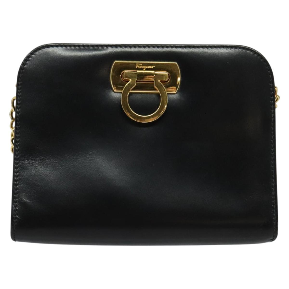Salvatore Ferragamo Gancini Chain Shoulder Bag Leather Black Gold Auth hk2925
