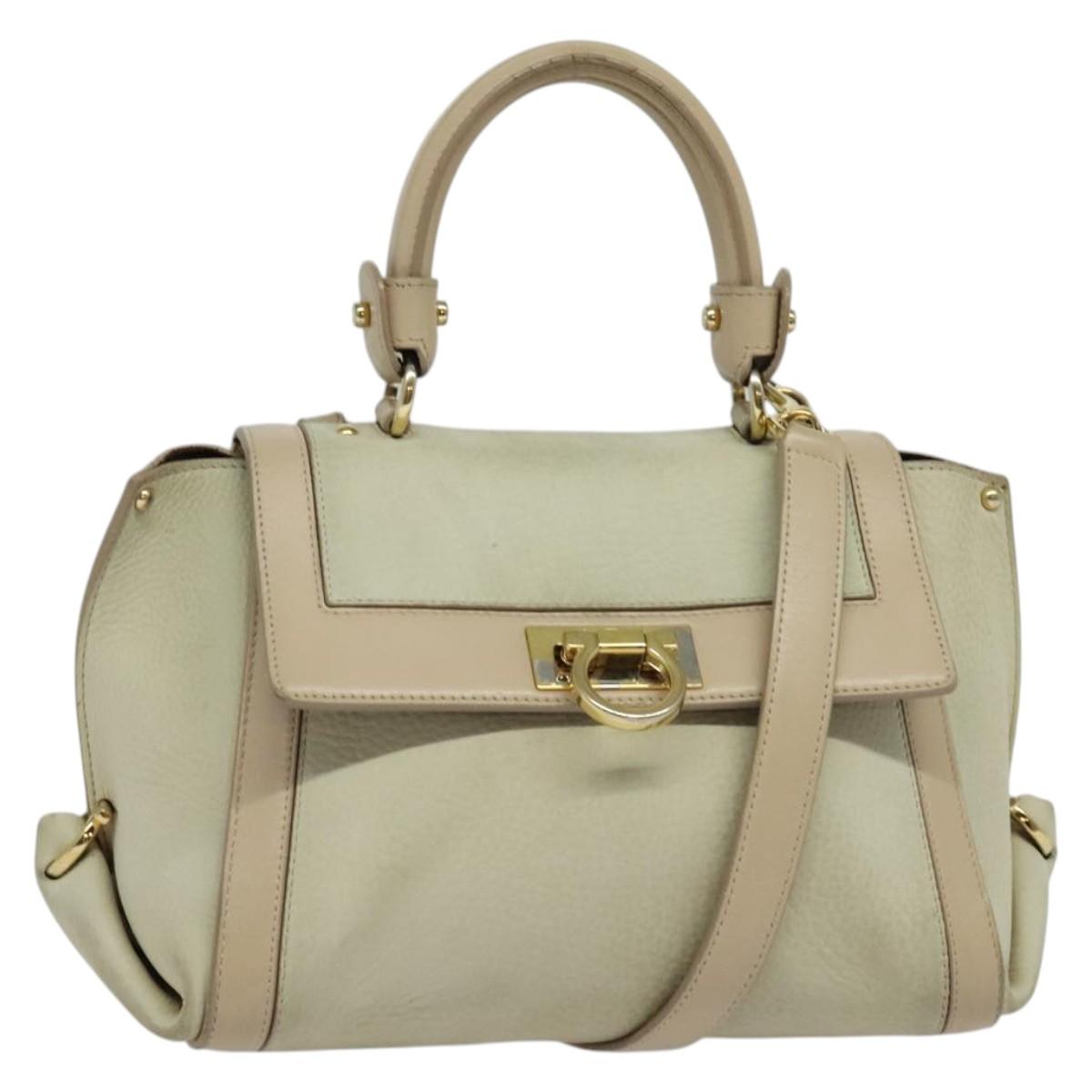 Salvatore Ferragamo Gancini Hand Bag Leather 2way Beige Gold Auth hk2928