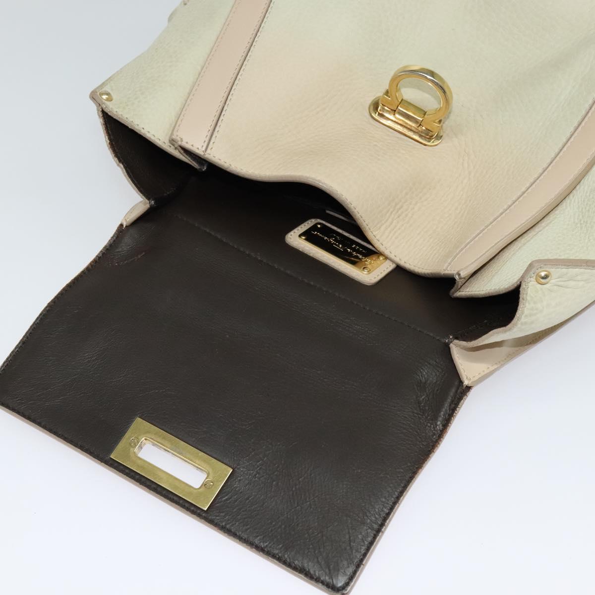 Salvatore Ferragamo Gancini Hand Bag Leather 2way Beige Gold Auth hk2928