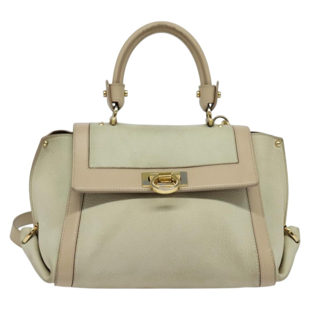 Salvatore Ferragamo Gancini Hand Bag Leather 2way Beige Gold Auth hk2928