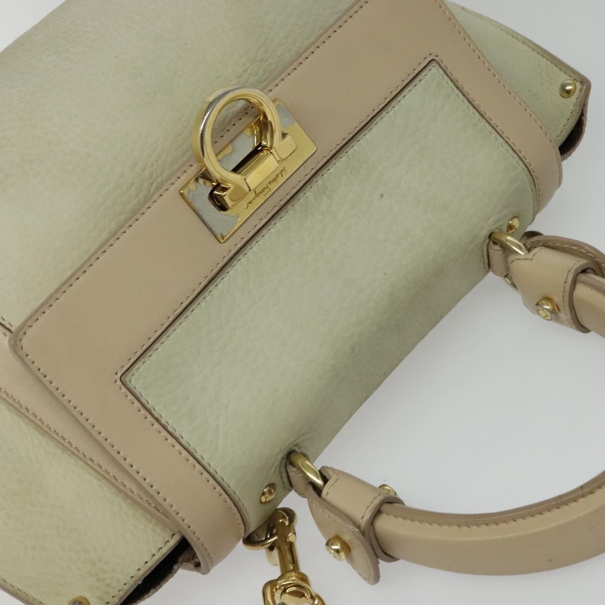 Salvatore Ferragamo Gancini Hand Bag Leather 2way Beige Gold Auth hk2928