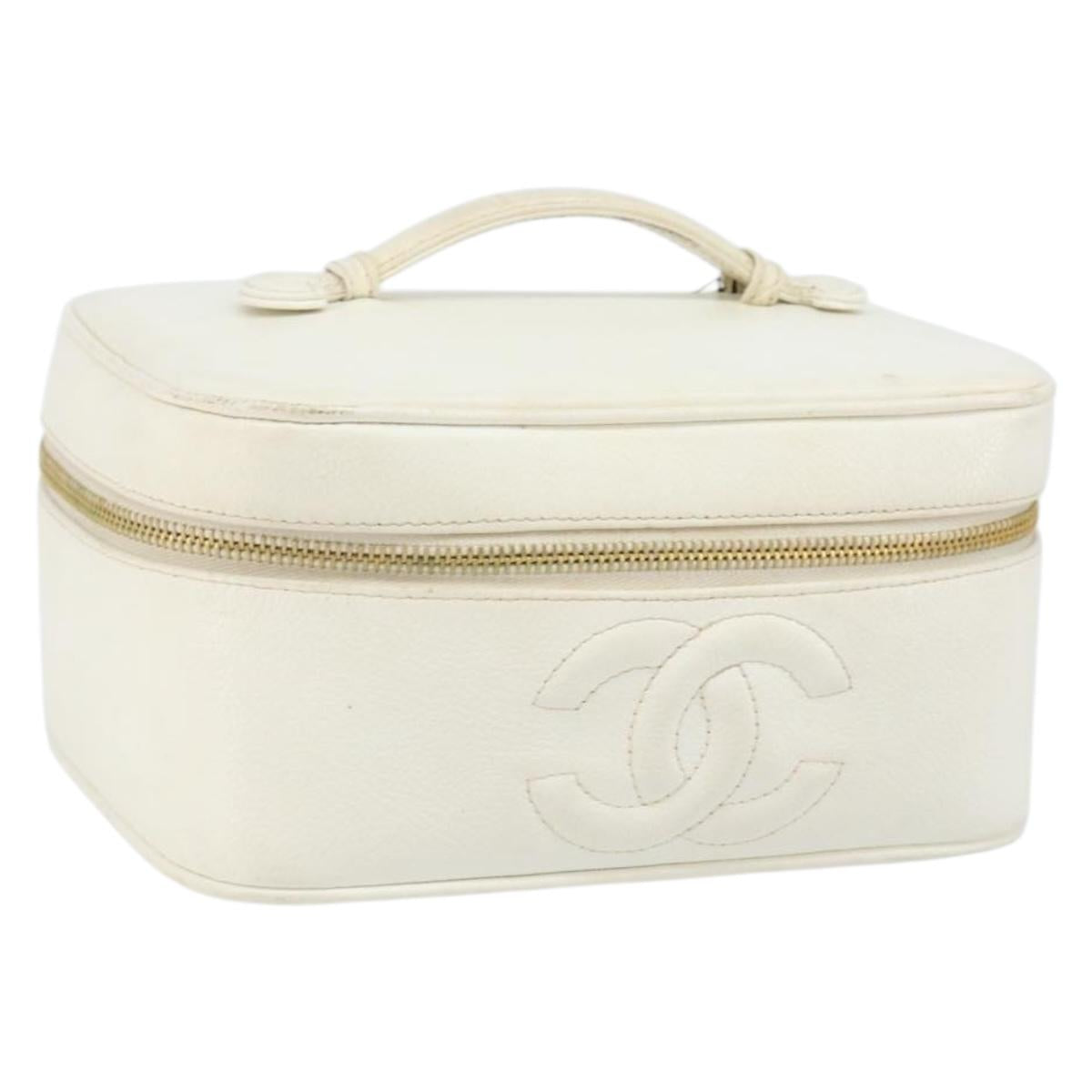 CHANEL COCO Mark vanity Pouch Caviar Skin White Gold CC Auth hk2965