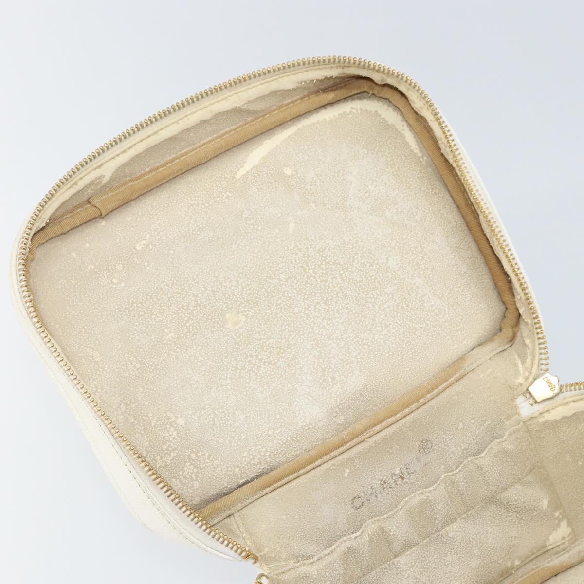 CHANEL COCO Mark vanity Pouch Caviar Skin White Gold CC Auth hk2965
