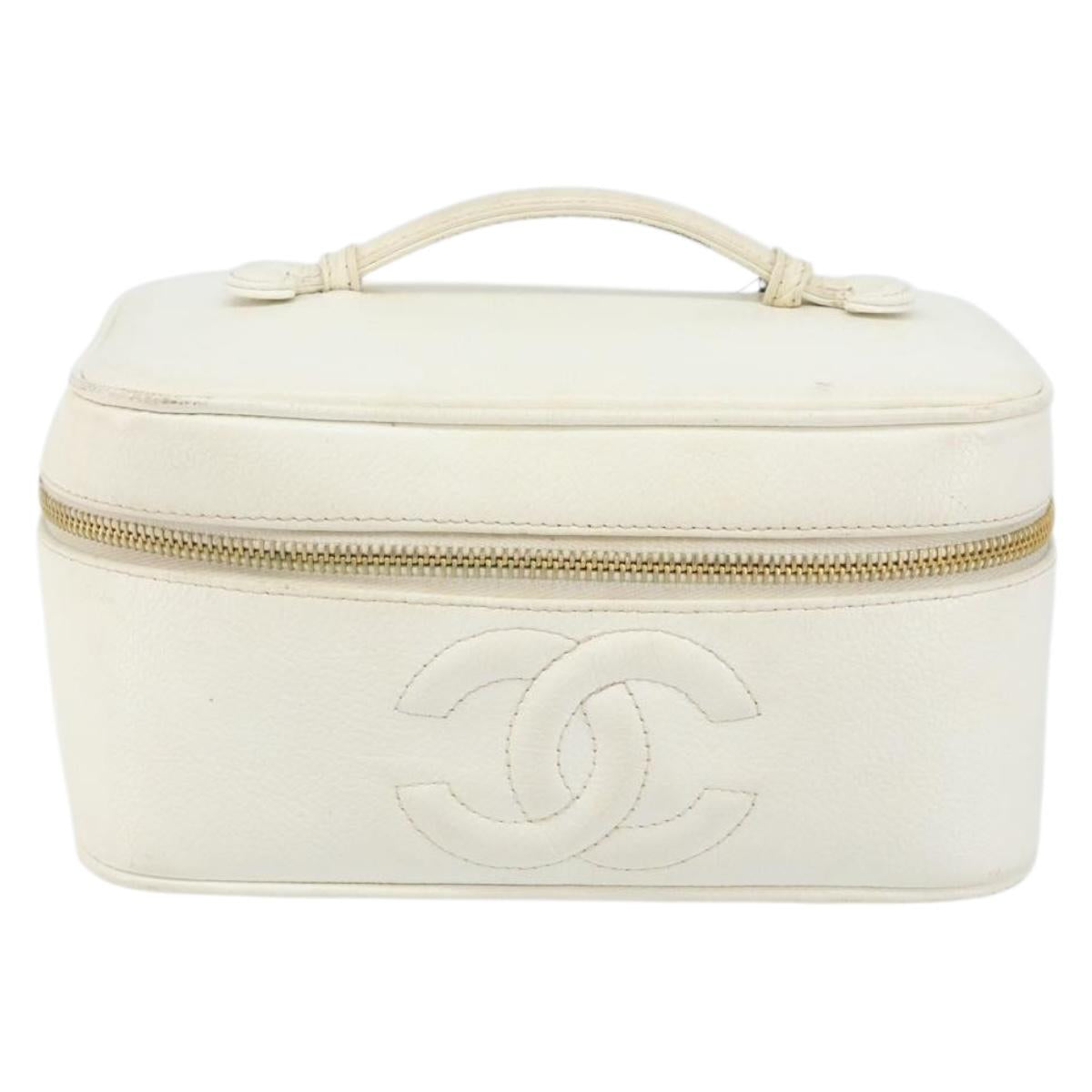 CHANEL COCO Mark vanity Pouch Caviar Skin White Gold CC Auth hk2965