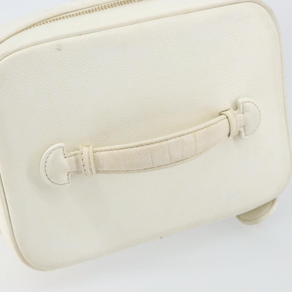 CHANEL COCO Mark vanity Pouch Caviar Skin White Gold CC Auth hk2965