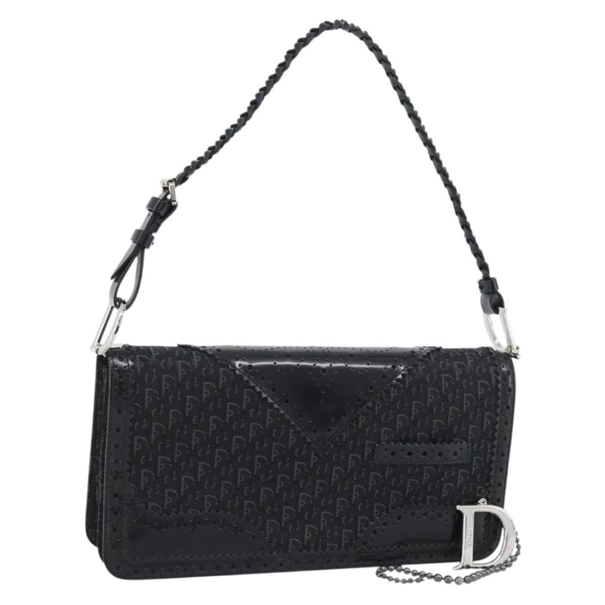 Christian Dior Trotter Canvas Shoulder Bag Black Silver Auth hk2968A
