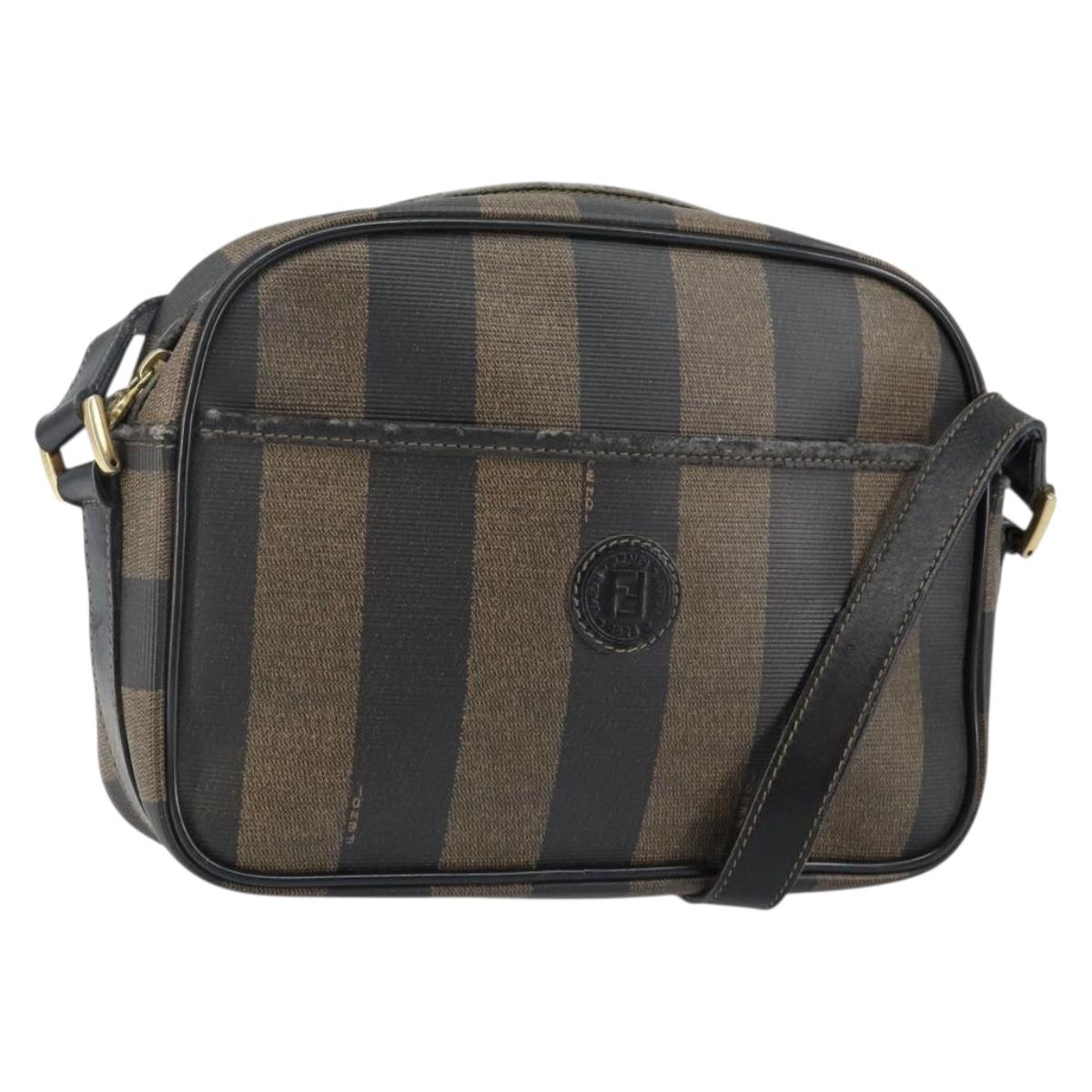 FENDI Pecan Canvas Shoulder Bag PVC Black Brown gold Auth hk2973