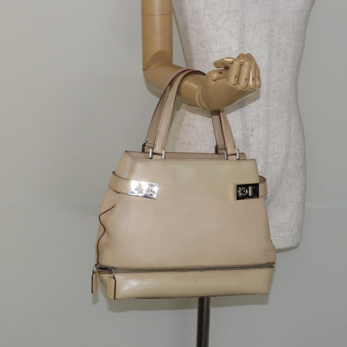 Salvatore Ferragamo Gancini Hand Bag Leather Beige Silver Auth hk2982