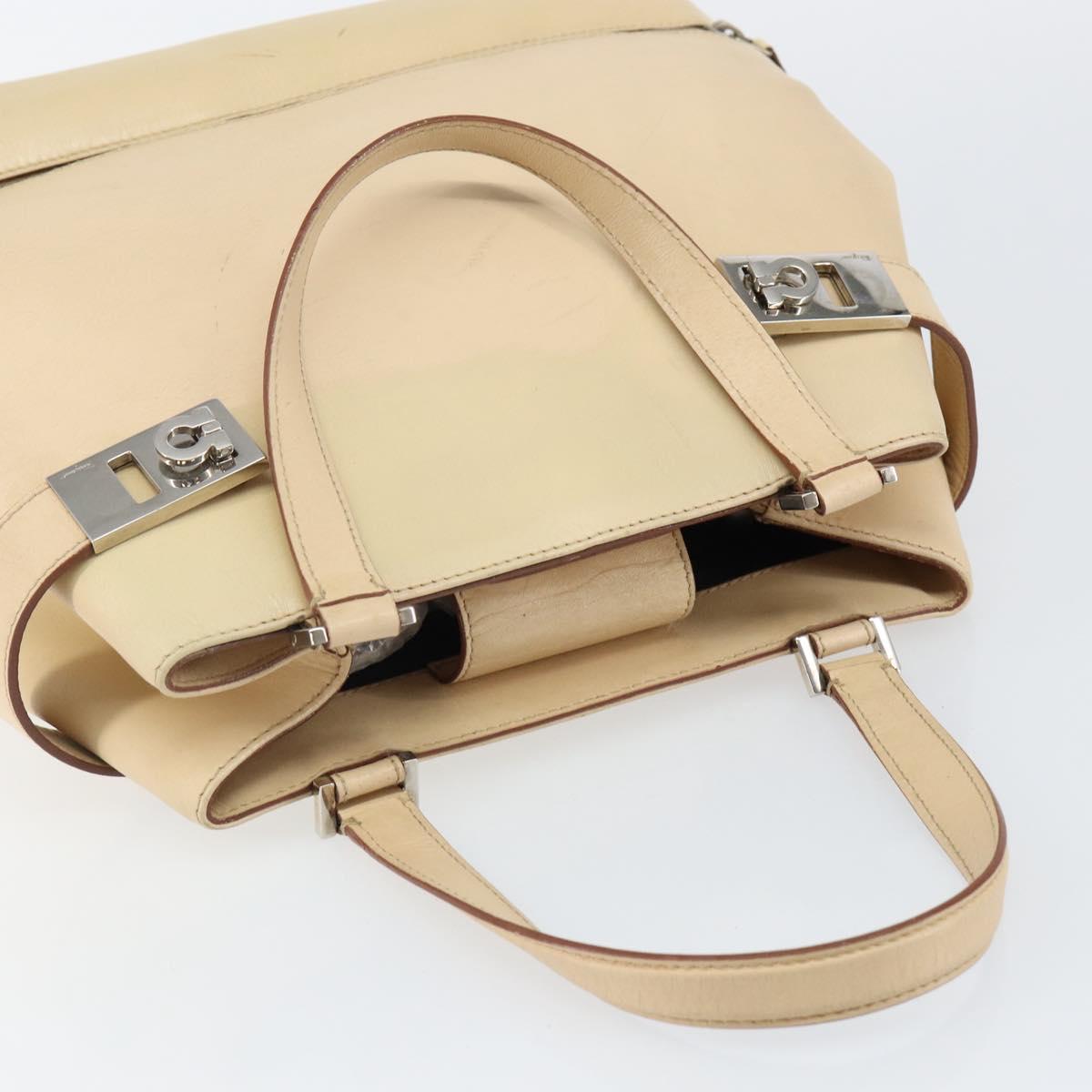 Salvatore Ferragamo Gancini Hand Bag Leather Beige Silver Auth hk2982