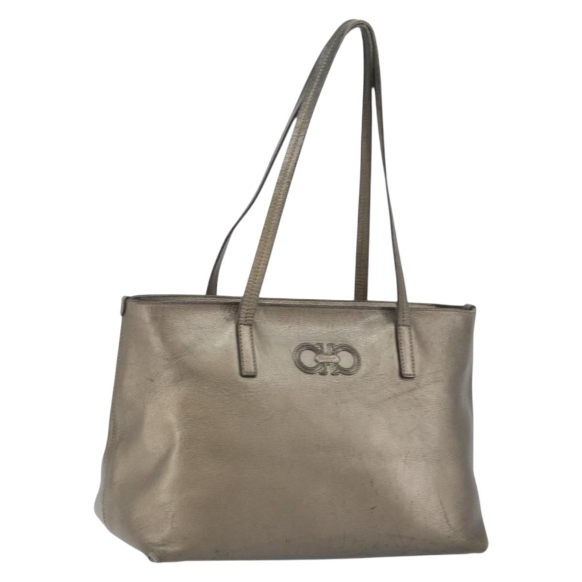 Salvatore Ferragamo Gancini Tote Bag Leather Beige Silver Auth hk2986