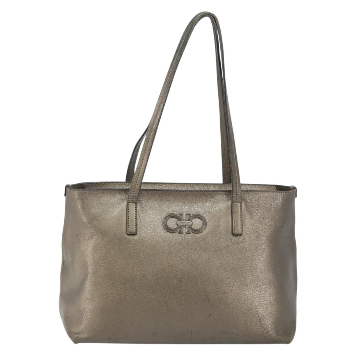 Salvatore Ferragamo Gancini Tote Bag Leather Beige Silver Auth hk2986
