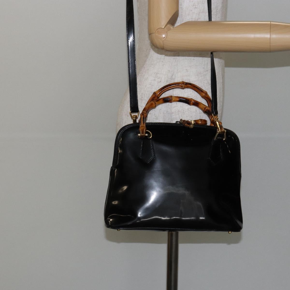 GUCCI Bamboo Hand Bag Enamel 2way Black Gold 000 58 0290 Auth hk2996