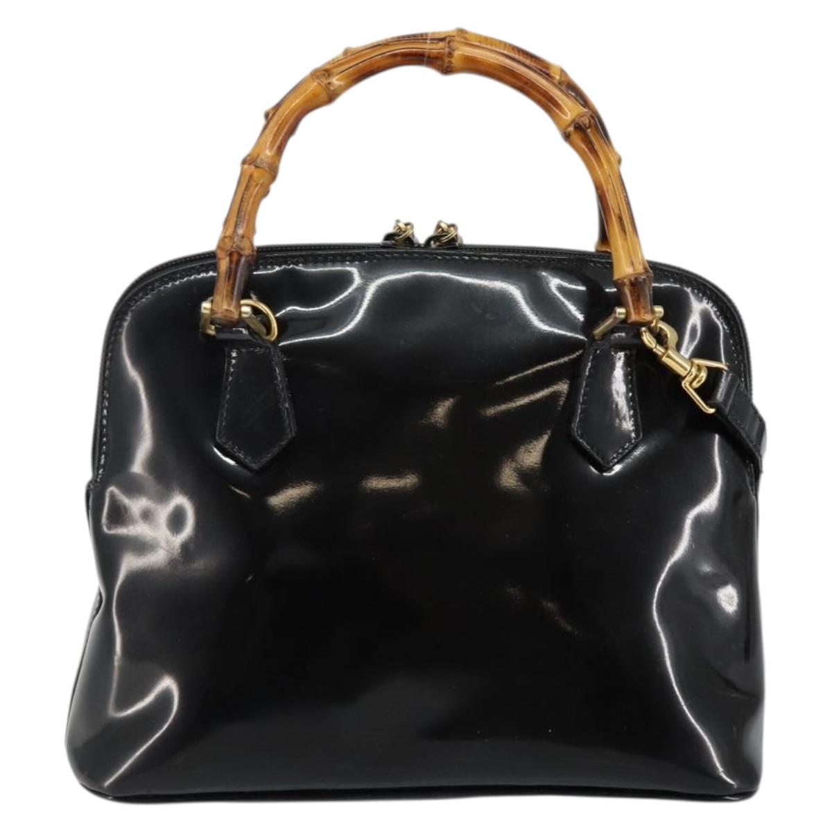 GUCCI Bamboo Hand Bag Enamel 2way Black Gold 000 58 0290 Auth hk2996