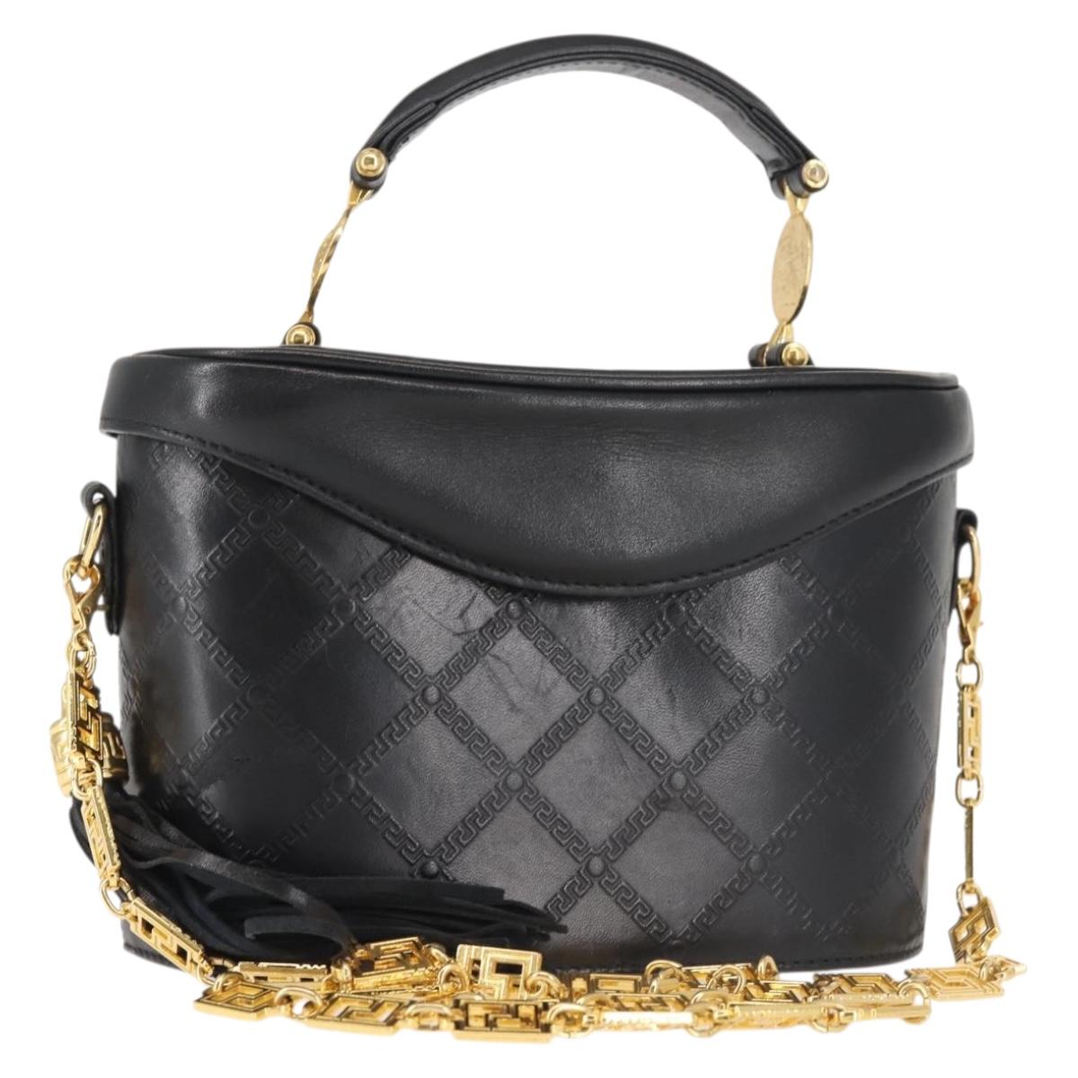 Gianni Versace Vanity Hand Bag Leather 2way Black Gold Auth hk3006