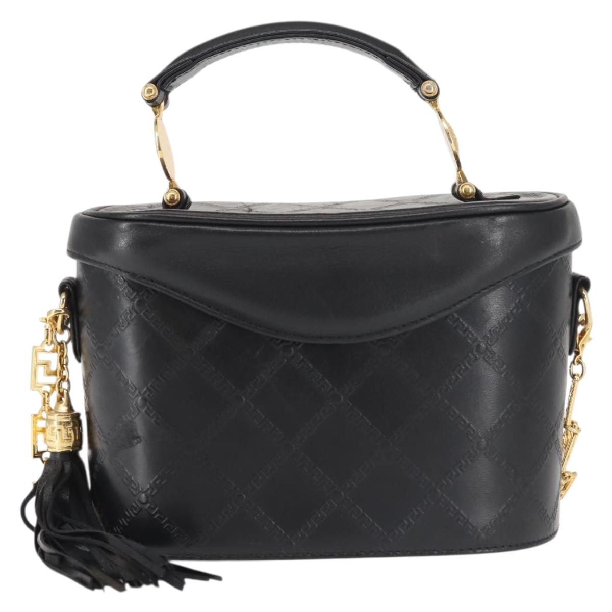 Gianni Versace Vanity Hand Bag Leather 2way Black Gold Auth hk3006