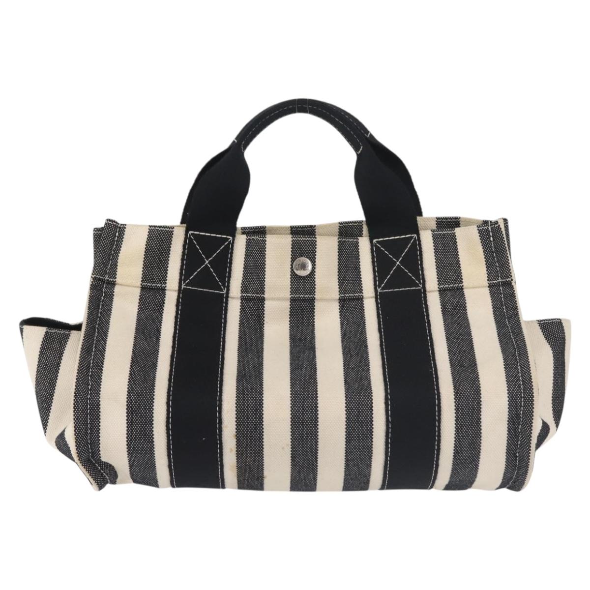 HERMES Cannes PM Hand Bag Canvas White Black Auth hk3009