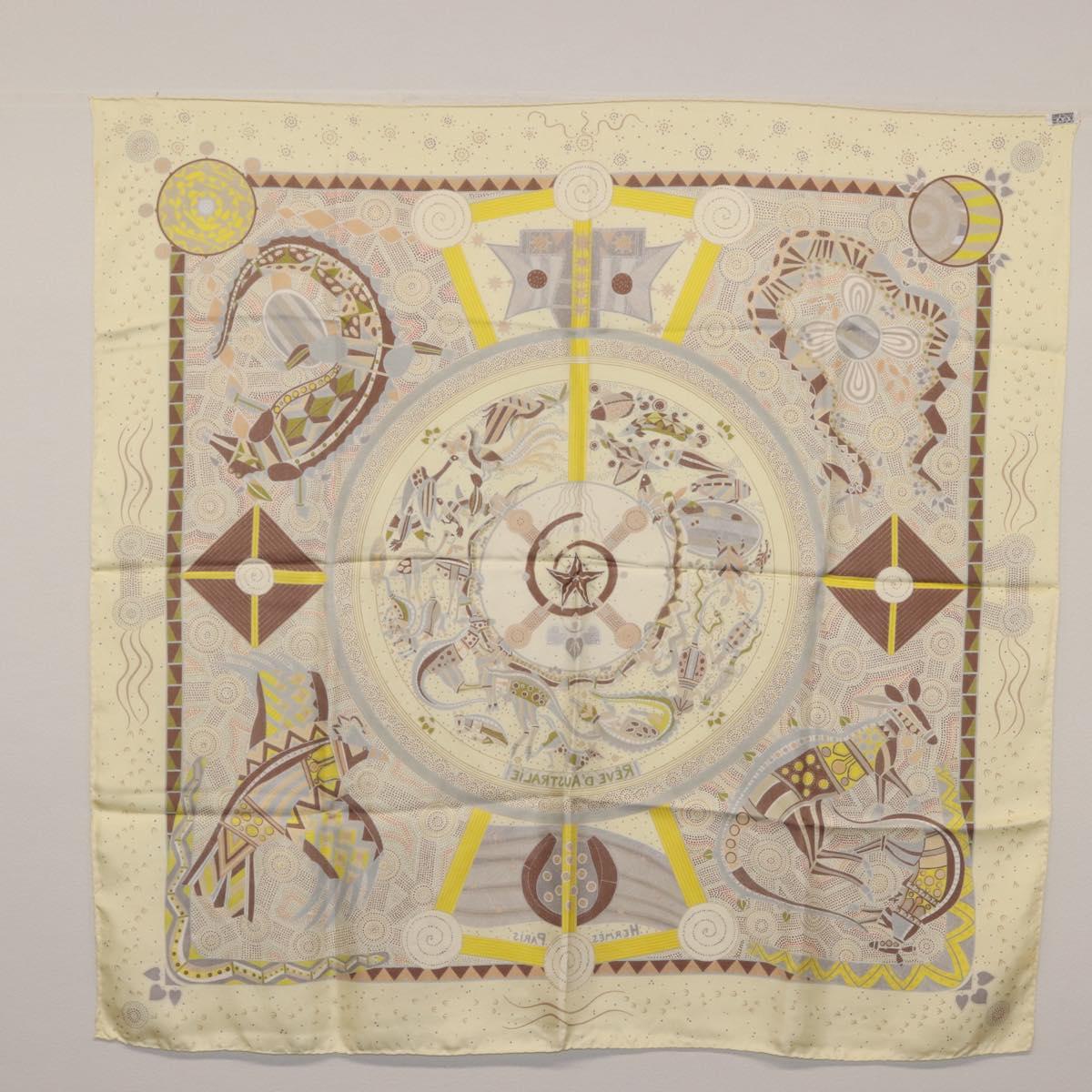 HERMES Carre 90 Scarf ""REVE D'AUSTRALIE "" Silk Yellow Auth hk3014