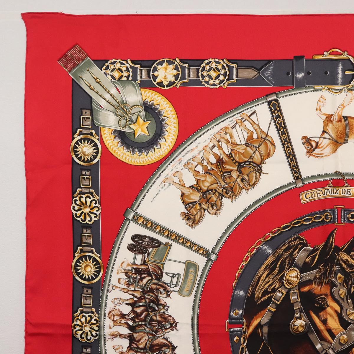 HERMES Carre 90 Scarf ""CHEVAUX DE TRAIT "" Silk Red Auth hk3015
