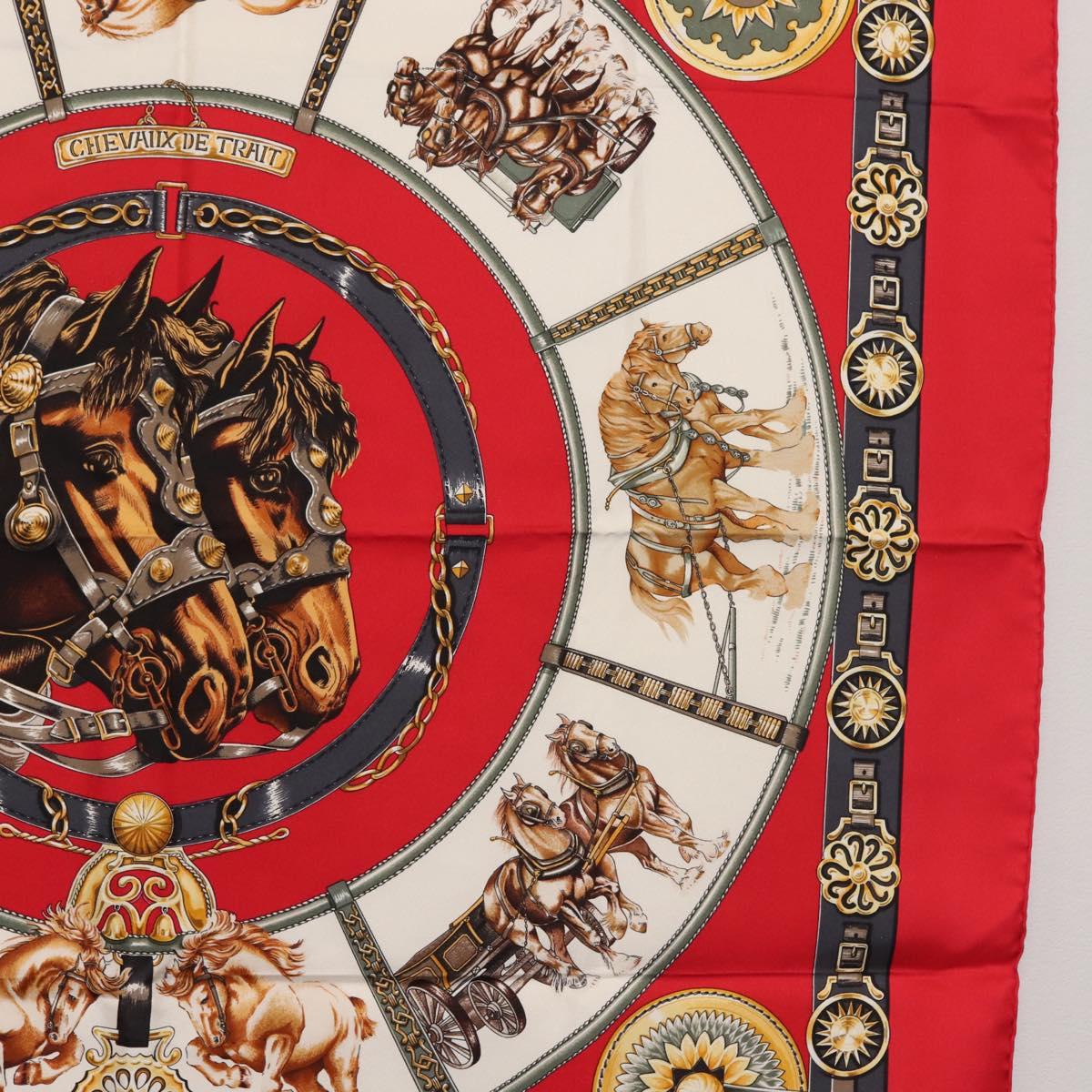 HERMES Carre 90 Scarf ""CHEVAUX DE TRAIT "" Silk Red Auth hk3015