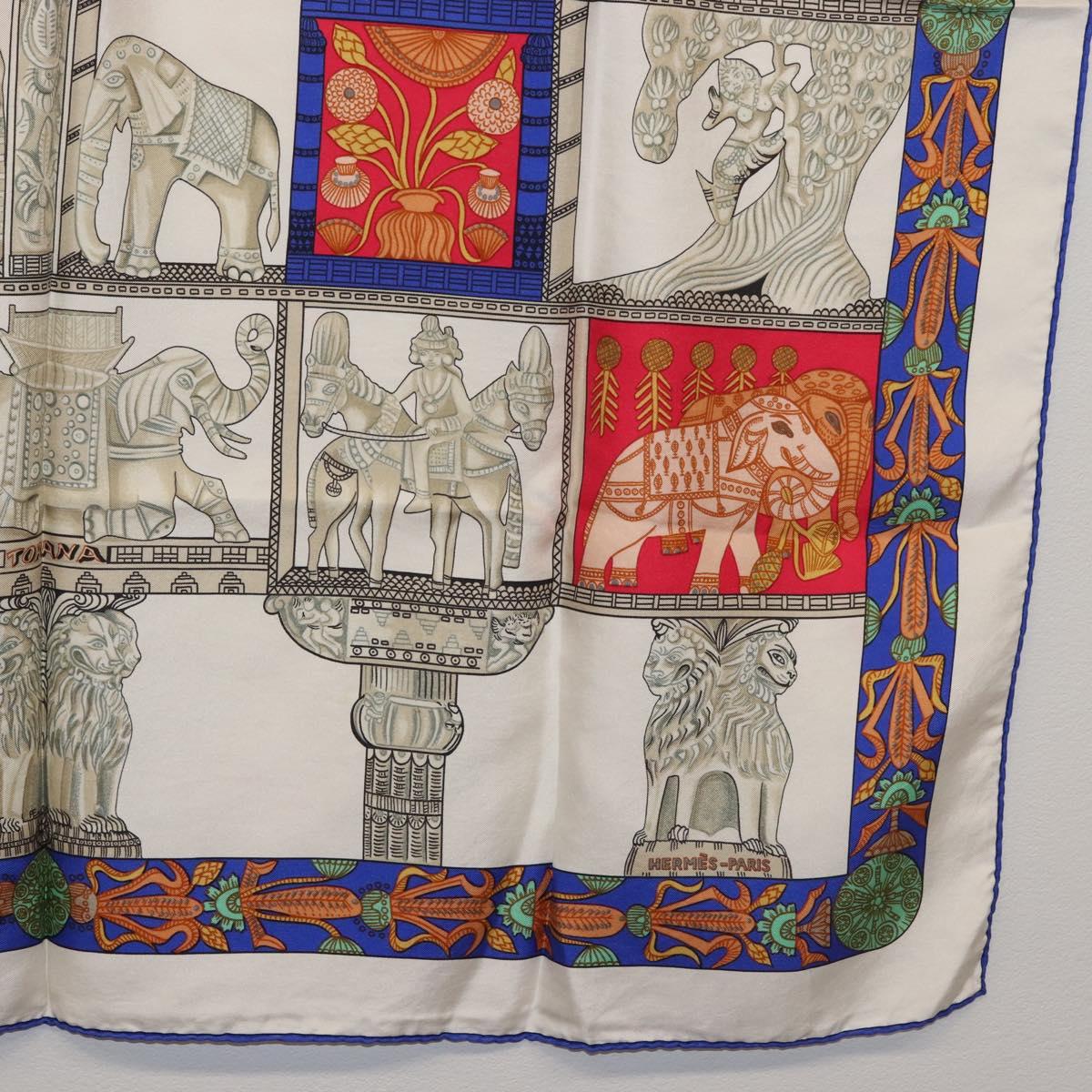 HERMES Carre 90 Scarf ""TORANA"" Silk White Auth hk3016