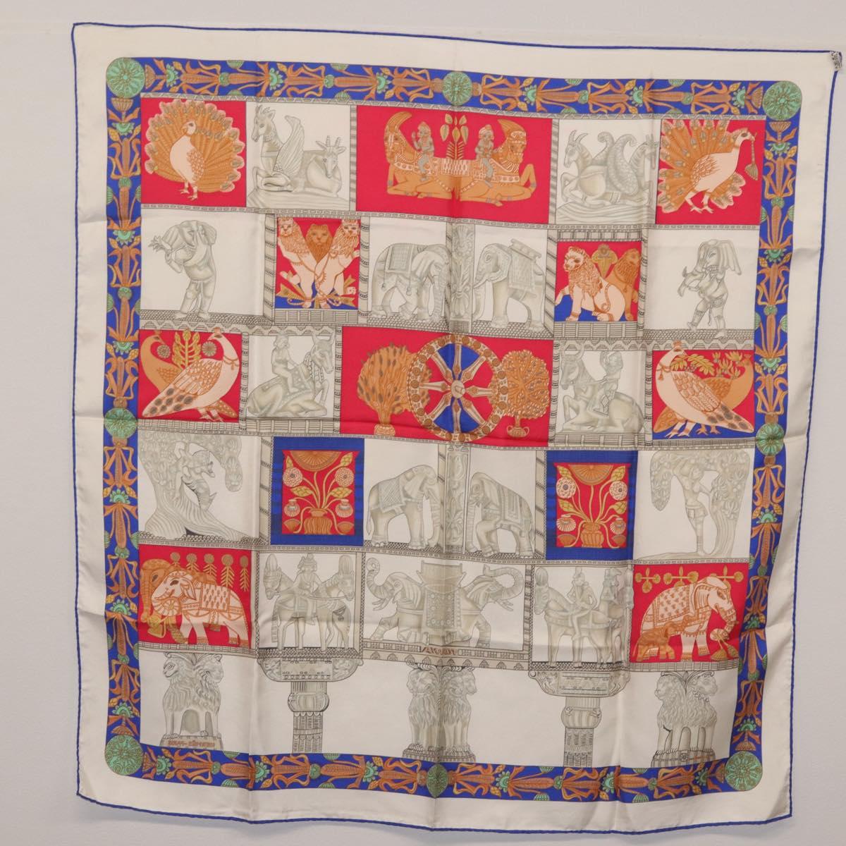 HERMES Carre 90 Scarf ""TORANA"" Silk White Auth hk3016