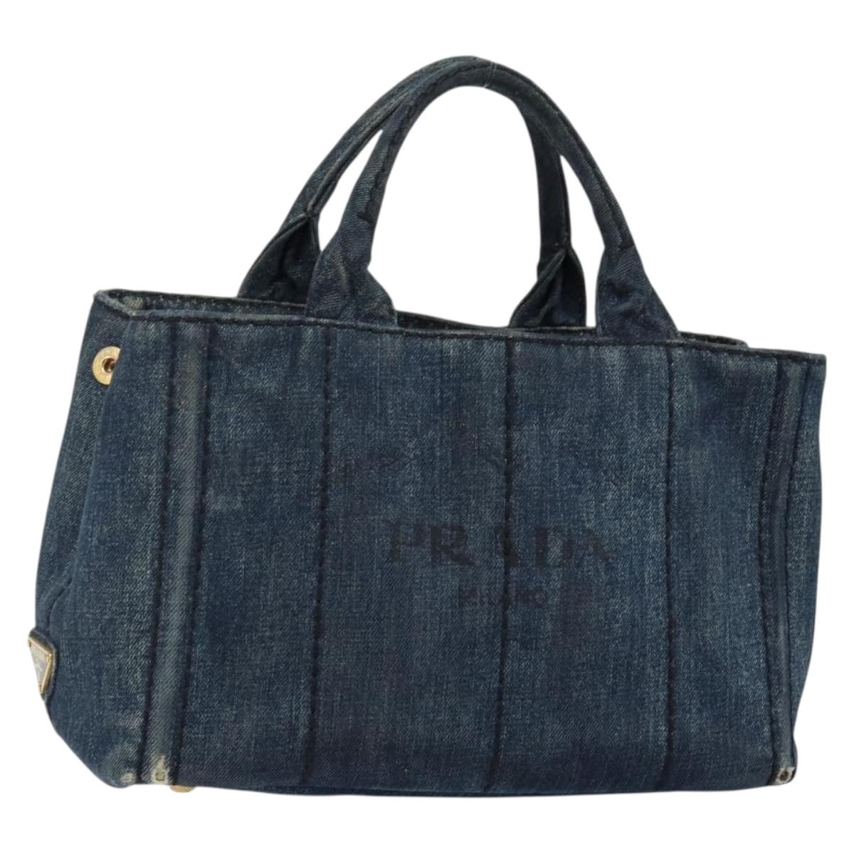 PRADA Canapa PM Hand Bag Denim Blue Gold Auth hk3051