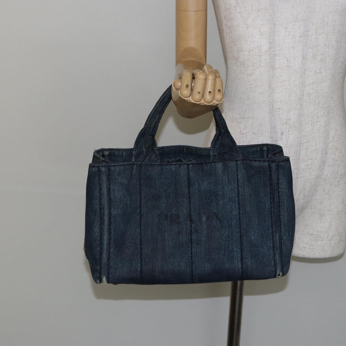 PRADA Canapa PM Hand Bag Denim Blue Gold Auth hk3051