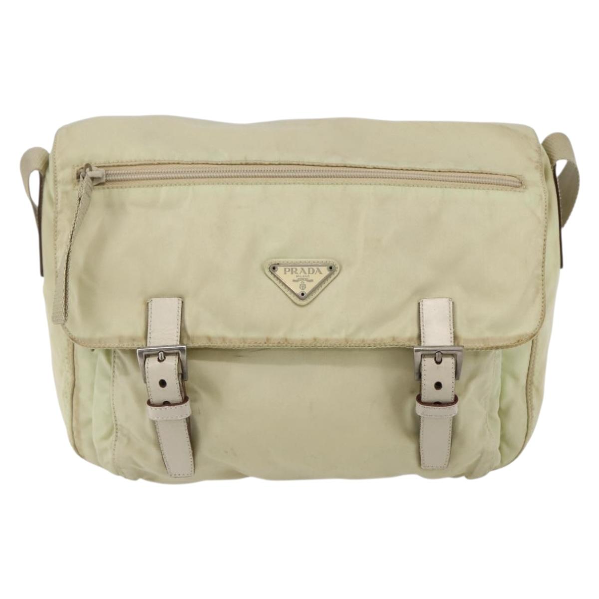 PRADA Shoulder Bag Nylon Beige Silver Auth hk3054