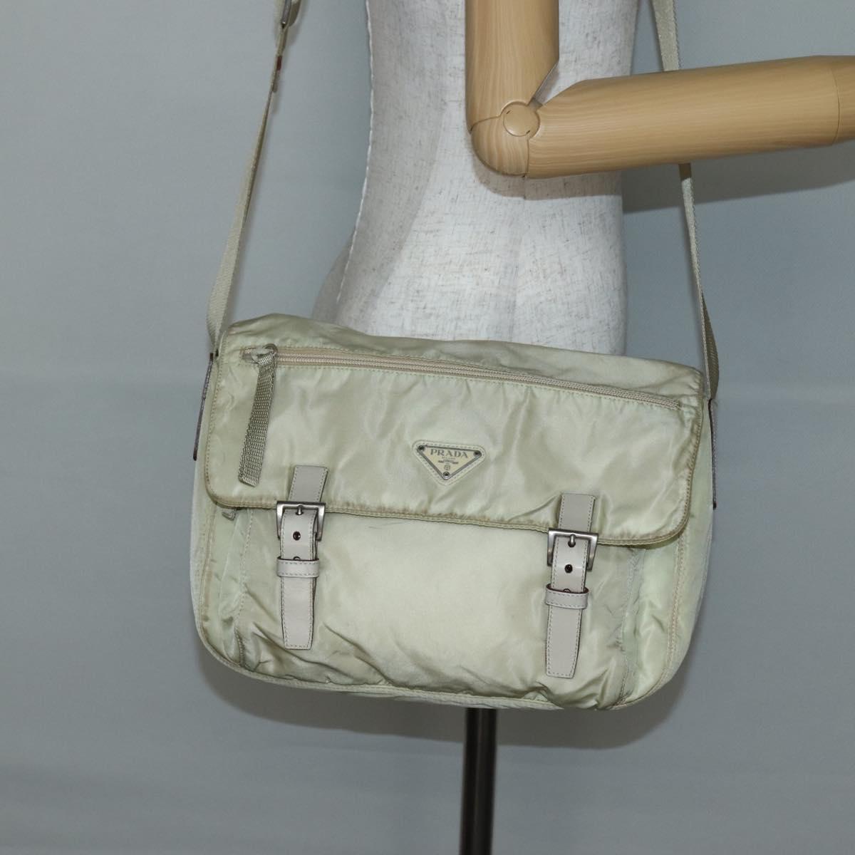 PRADA Shoulder Bag Nylon Beige Silver Auth hk3054