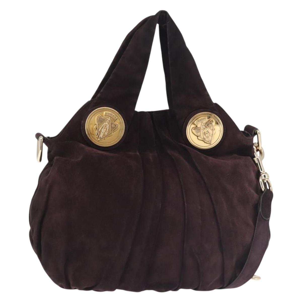 GUCCI Hand Bag Suede 2way Brown Gold 203486 Auth hk3084